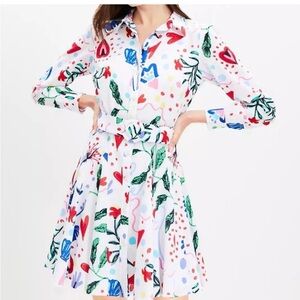 Loft tropical rythme Godet multicolor Patterned Shirt Dress with belt size 0 pet